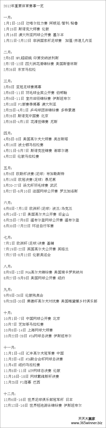 新年体育博彩展望：2012重大体育赛事一览